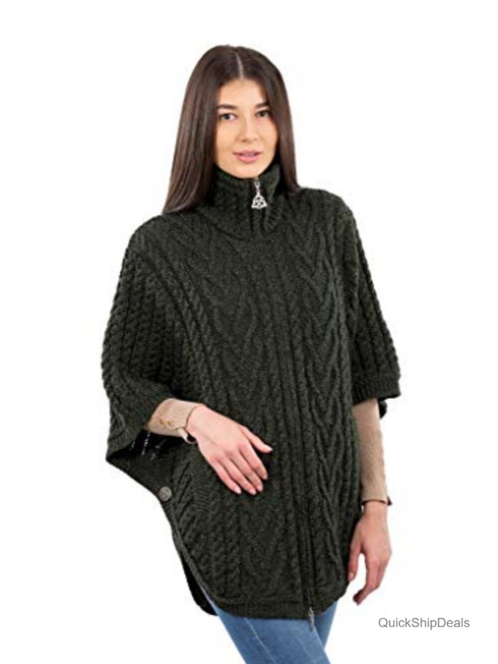 100% Merino Wool Irish Cardigan Poncho with Front Pockets Aran Stitching